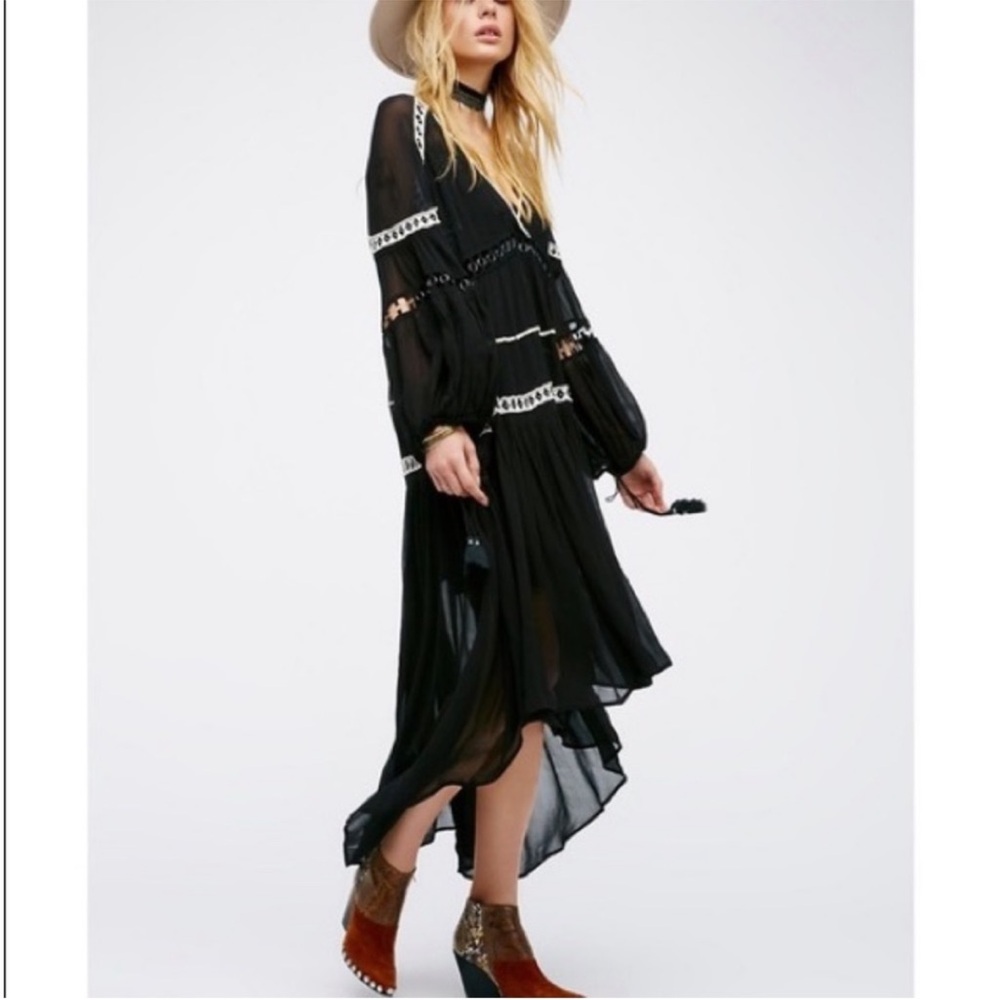Free People Dark Horse Boho Black Tiered Midi Dress EUC
